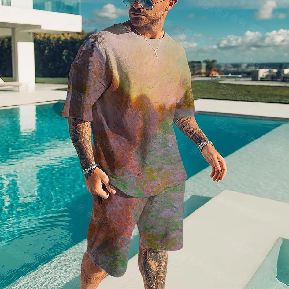 Retro T-shirt Fashion Short-Sleeved Suit Famous Painter Vincent Van Gogh Works Oil Painting Print Men's Shorts Two-Piece Set