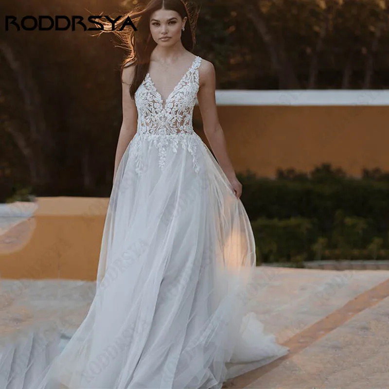 

RODDRSYA Backless Tulle Vestido De Novia Spagehtti Straps Appliques Wedding Dress For Women V-Neck Sleeveless A-Line Bridal Gown