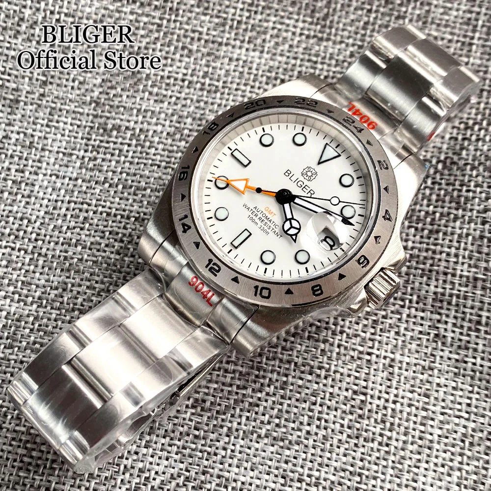 Мужские механические часы BLIGER NH34 GMT с белым циферблатом и сапфировым стеклом