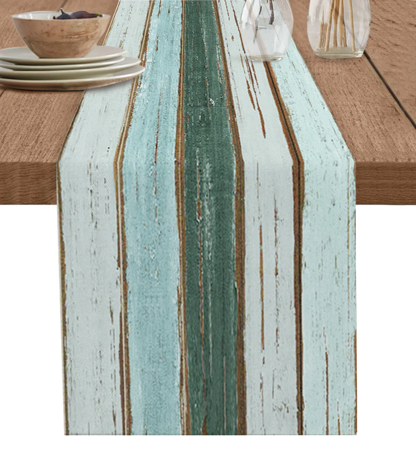 

Vintage Farm Barn Wood Grain Gradient Table Runner Cotton Linen Wedding Dining Table Cover Cloth Home Kitchen Decor Placemat
