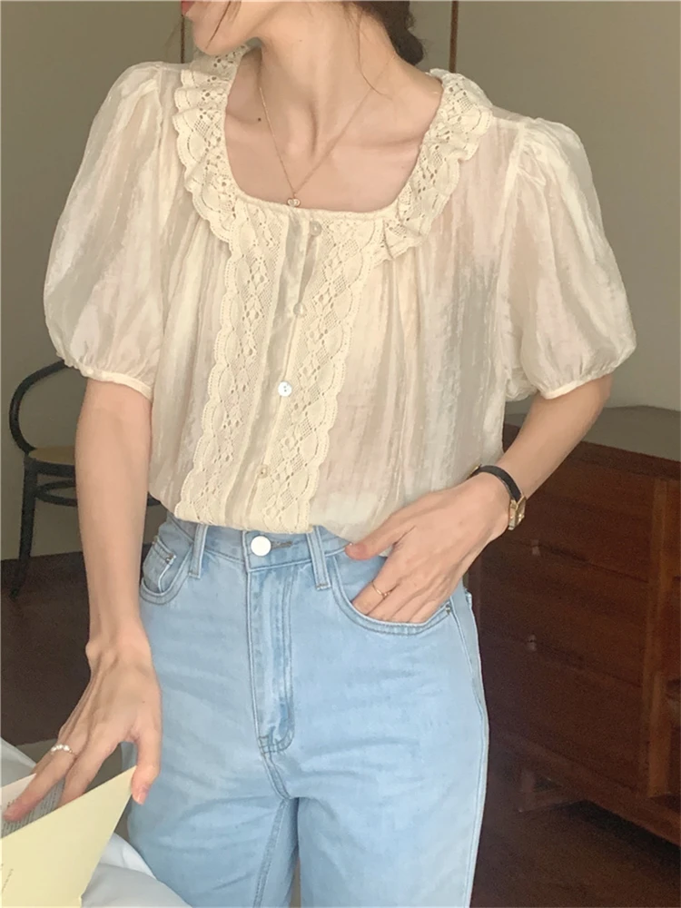 

Женская блузка, женская рубашка, летние женские блузки, повседневные Элегантные винтажные хлопковые свободные блузки оверсайз с коротким р...