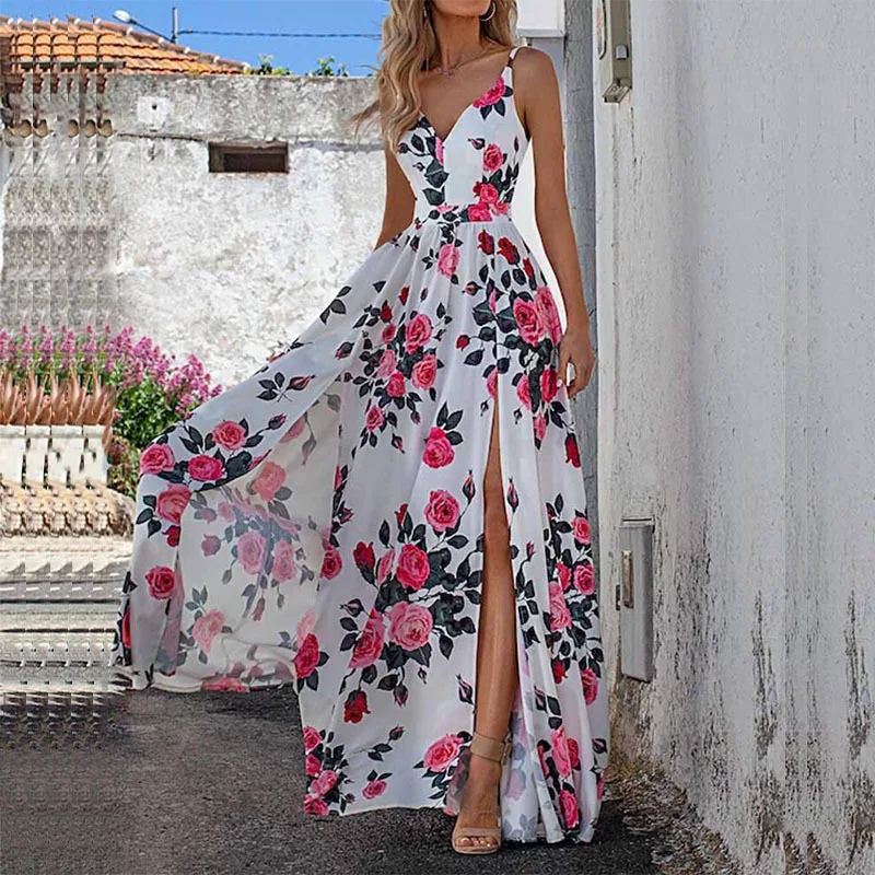 

Women's temperament V-neck printed suspender holiday split hem dress
