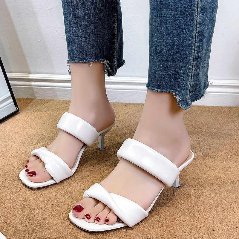 

Women Pleated High Heels Slippers Summer New Square Toe Shoes 2022 Fad Party Dress Pumps Sandals Flip Flops Slides Women Shoes