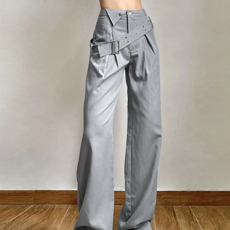 

Loose Women Wide-Leg Pants Trousers Solid Color All-Match Retro Classic Casual Trend Irregular Belt Design Personality 2022 new