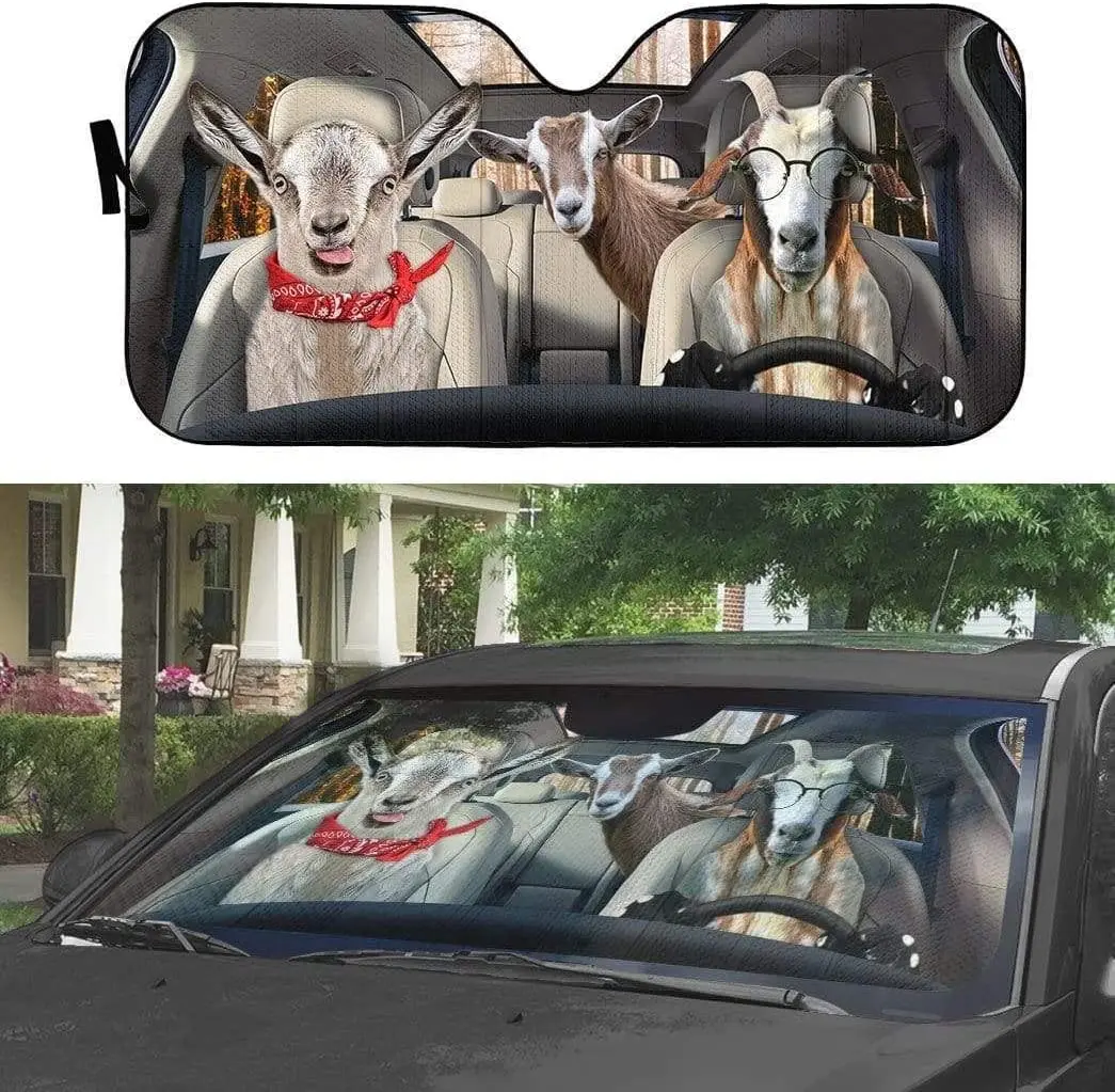 

Goat funny animal on wheels left hand driving car visor, funny goat family wearing glasses driving car visor windshield visor