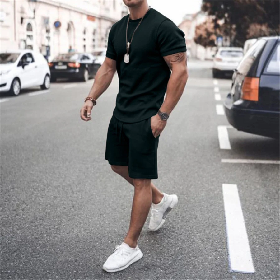 Men's Sports Suit Summer Breathable T-shirt 2 piece Set Men Solid Color Fitness Gyms Running Sportswear Male Tracksuit 2023 New