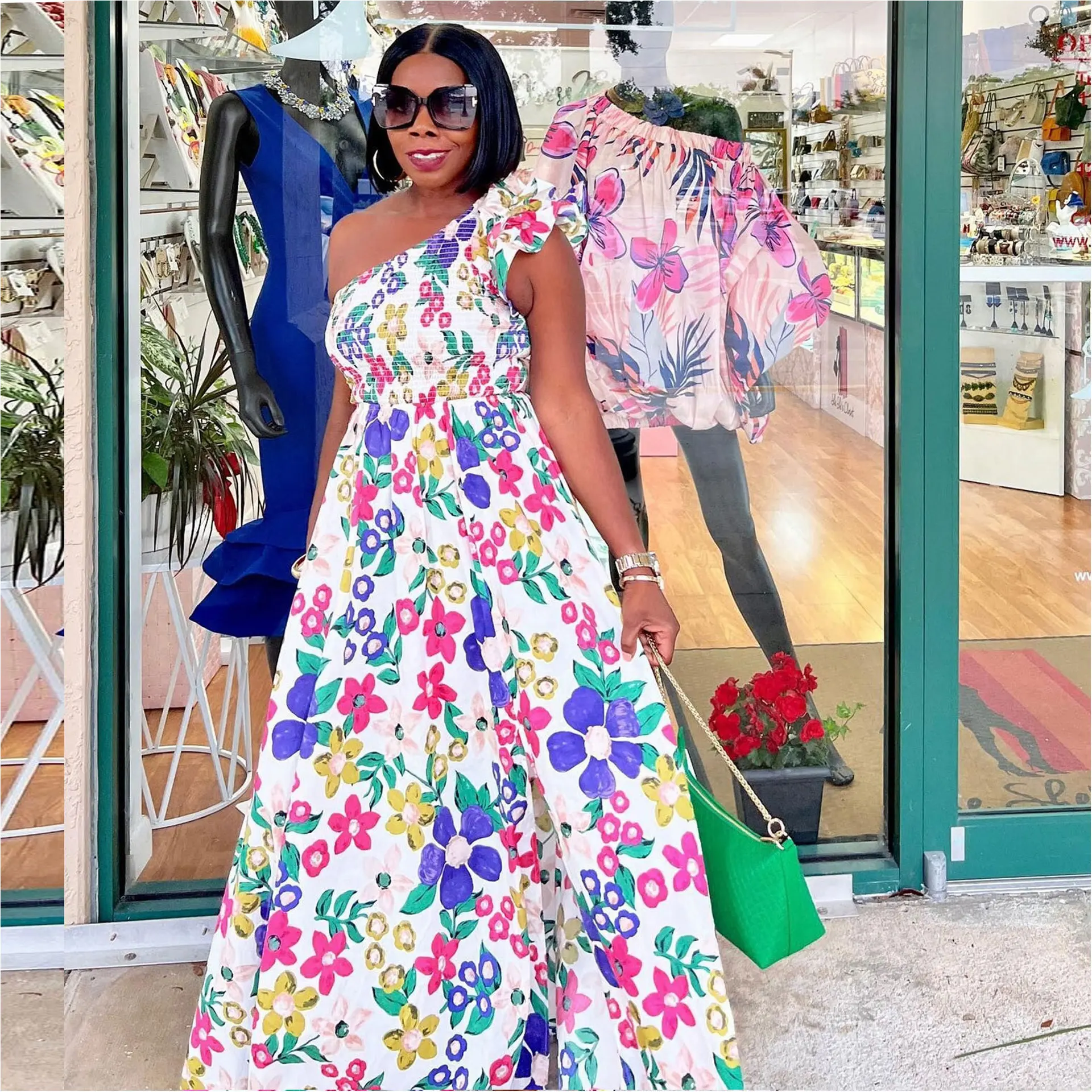 Plus Size Elegant Floral Dress One Shoulder Loose Casual Cloth 2023 Summer Trendy Evening Party New Dress Lady Luxury Long Robes