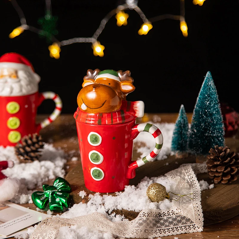

Cartoon Mug Cup with 3D Lid Handgrip Anti-skid Santa Claus Christmas Hat Penguin Elk Ceramic Cute Cups Festival Gift for Kids