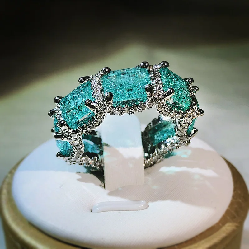 

925 silver high-definition Paraiba zircon jewelry heavy industry inlaid aquamarine topaz ring women's party birthday gift