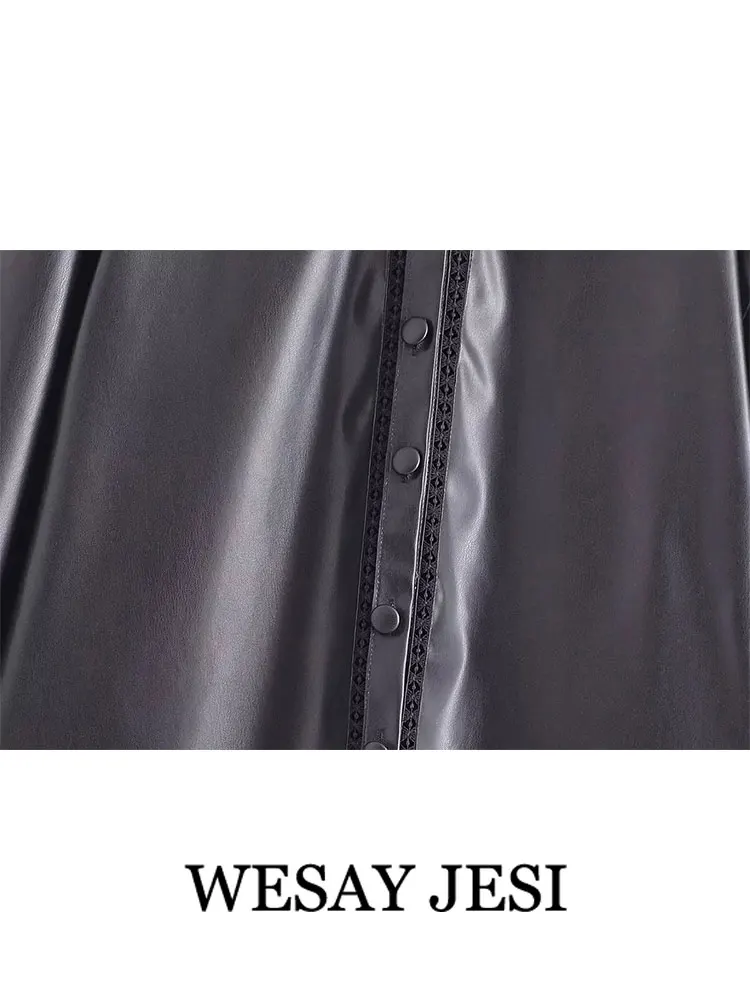 WESAY JESI Womens Fashion Faux Leather Shirt Jacket Single Breasted Lace Trim Long Sleeve Lapel Pu Jacket Coat Female Streetwear