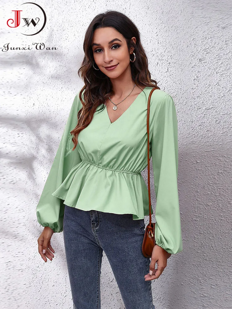 

Women Chiffon Blouse Shirt Spring Summer Elegant Office Ladies Lace Up Pullovers Solid V Neck Lantern Long Sleeve Tops
