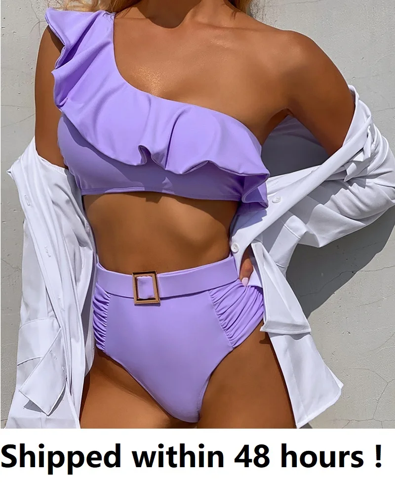 

Sexy Bikinis Women 2022 One Shoulder Swimwear High Waist Swimsuit Purple Bandage Bathing Suits Ruffle Beach Wear Biquini Female