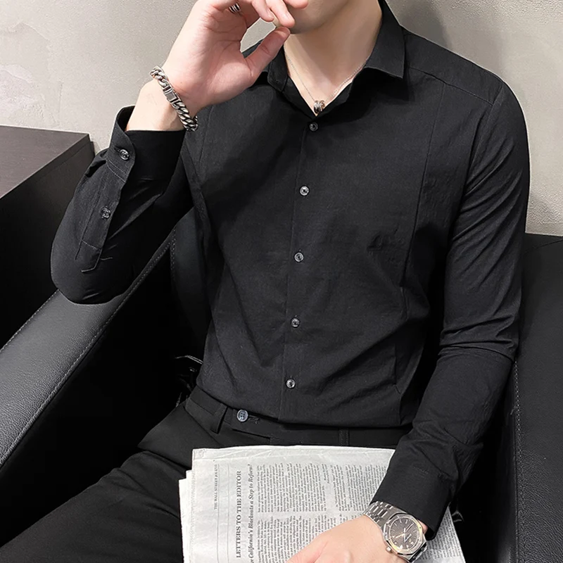 Solid Color Cotton Shirts Men Long Sleeve Slim Fit Business Casual Shirt Formal Social Party Streetwear Blouse Chemise Homme