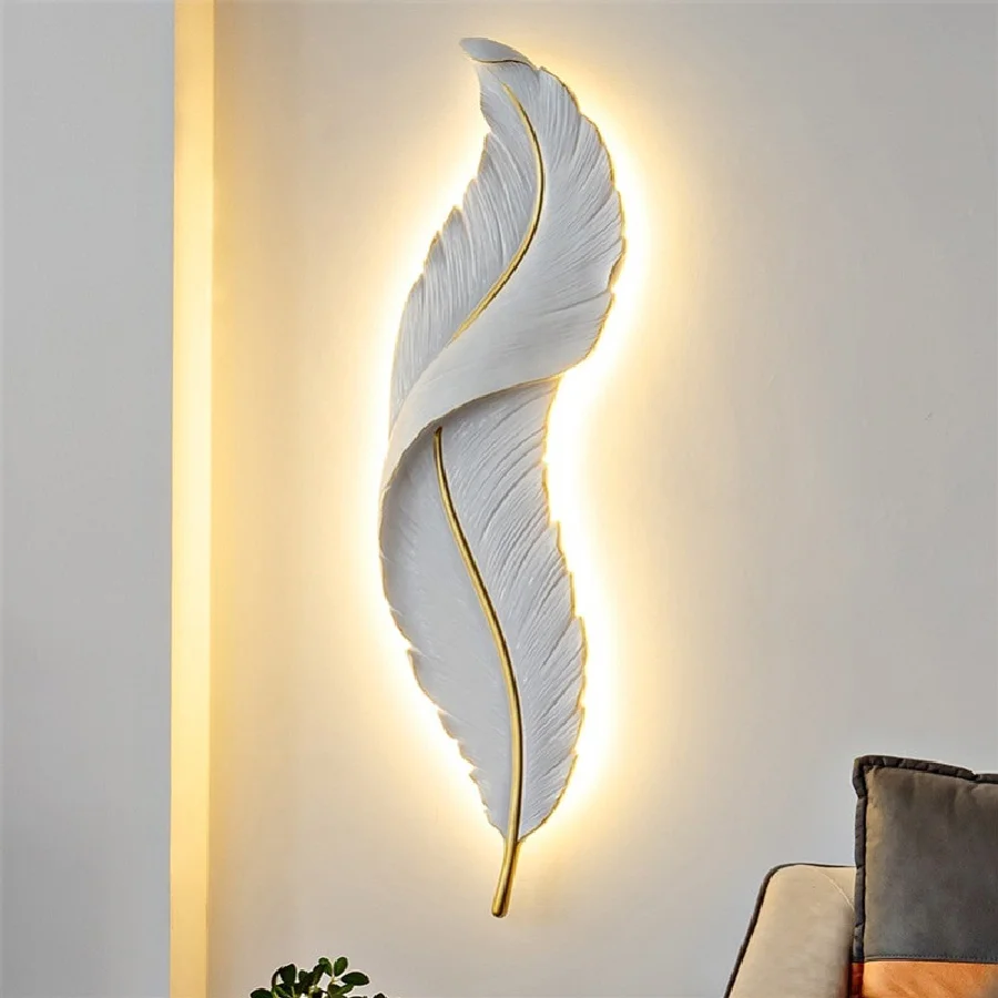 

Nordic Modern Creative Feather Light Led Wall Lamp Bedroom Bedside Lighting Living Room Tv Background Wall Decoration Resin Lamp