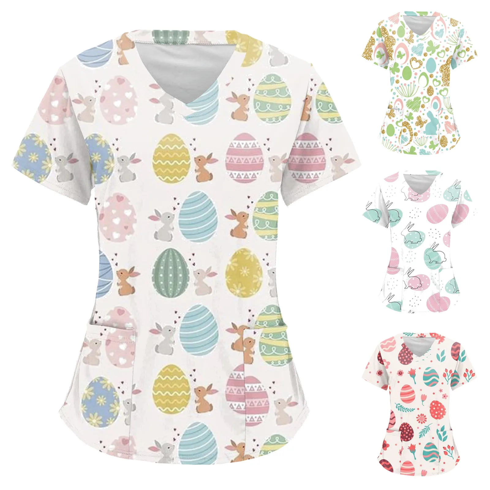 

Женская блузка с коротким рукавом, V-образным вырезом и карманами