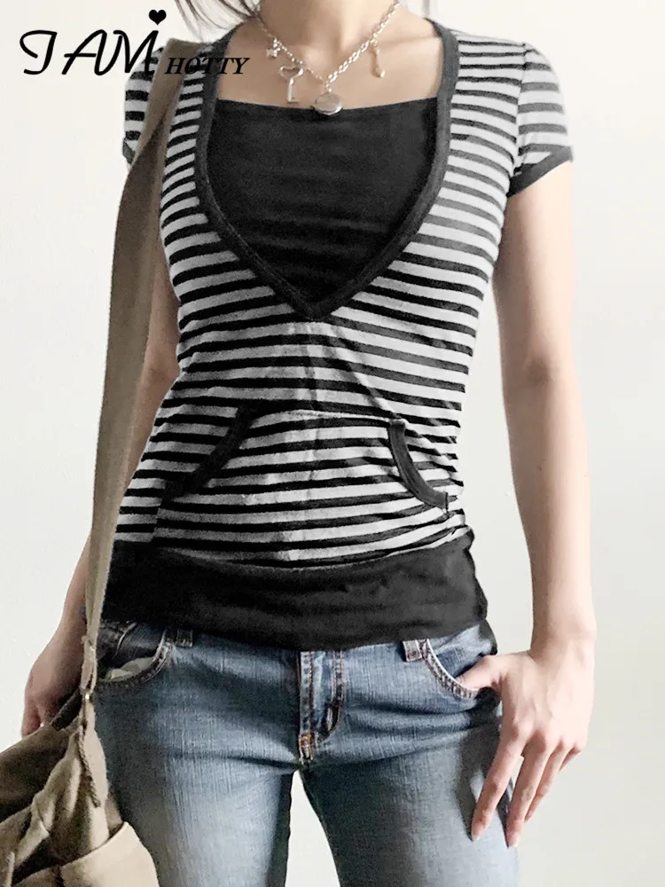 

IAMHOTTY Striped Print Patchwork T-shirt Women Fairycore Grunge Short Sleeve Tops Pockets Y2K Pullovers Vintage Clothes Street
