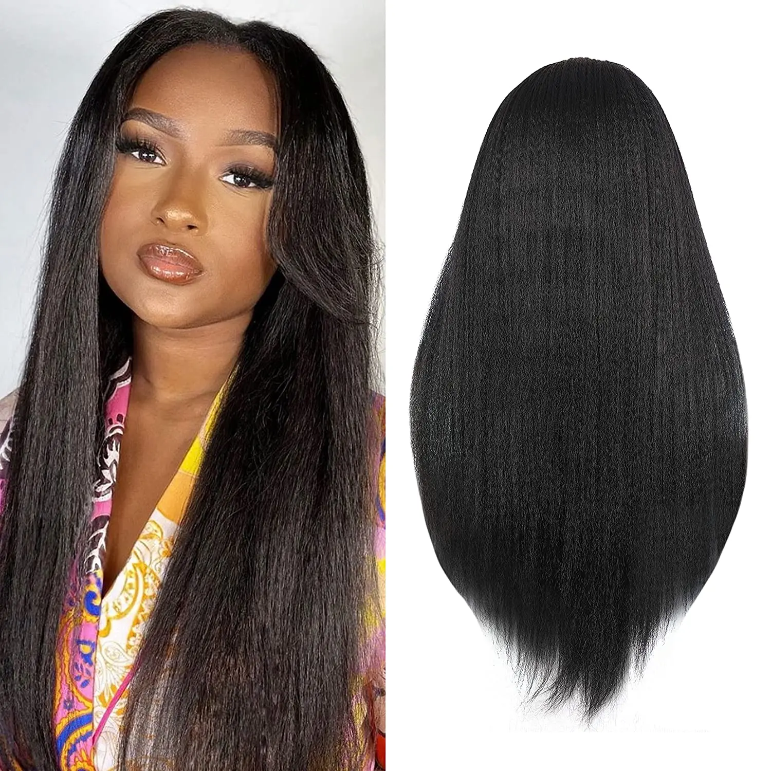 180%Density 26Inch Black Color Soft Yaki Straight Long Glueless Lace Front Wig High Temperature With Baby Hair For Black Women