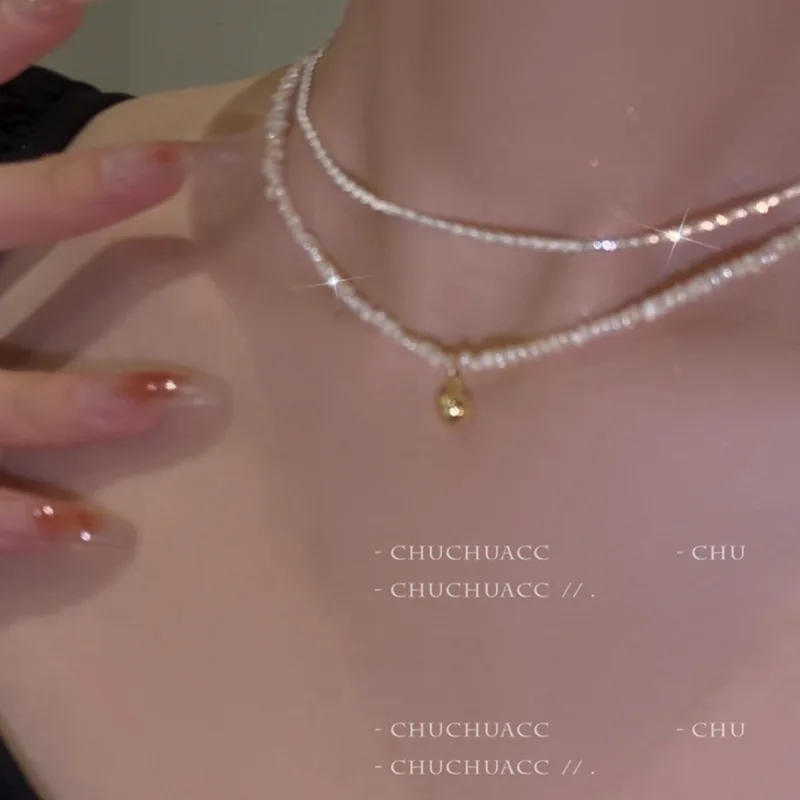 

Minar French Multiple Freshwater Pearl Choker Necklace for Women Gold Love Heart Bling Bling Water Wave Chain Pendant Necklaces