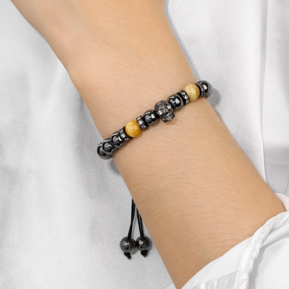 Винтажный браслет с бусинами из гематита в виде черепа для мужчин ручной работы