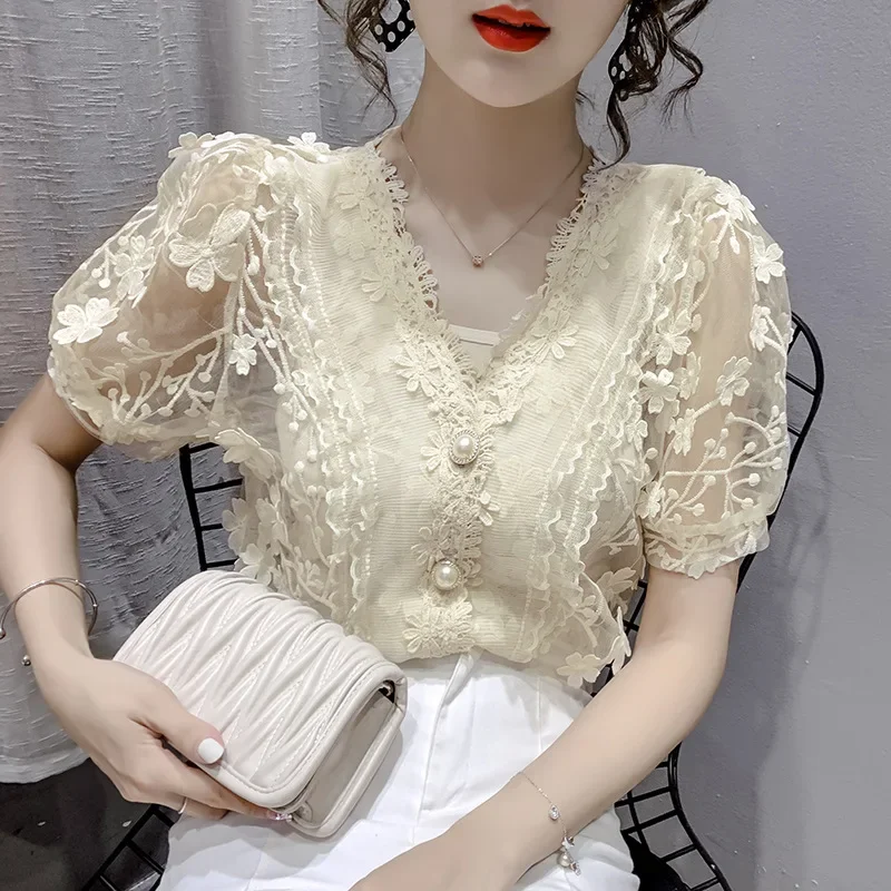Кружевные топы женские с жемчугом v-образный вырез шифоновая рубашка коротким