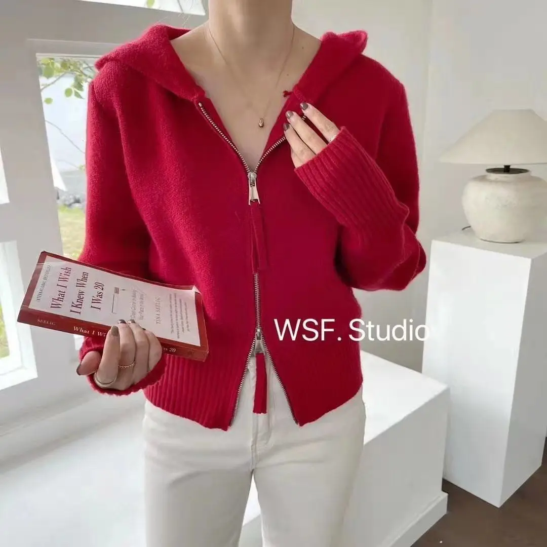 

2022 Autumn Winter New Style Women Casual Fashion Zipper Hooded Knitted Sweater Cardigan Long-sleeved Solid Color Female Top Y20