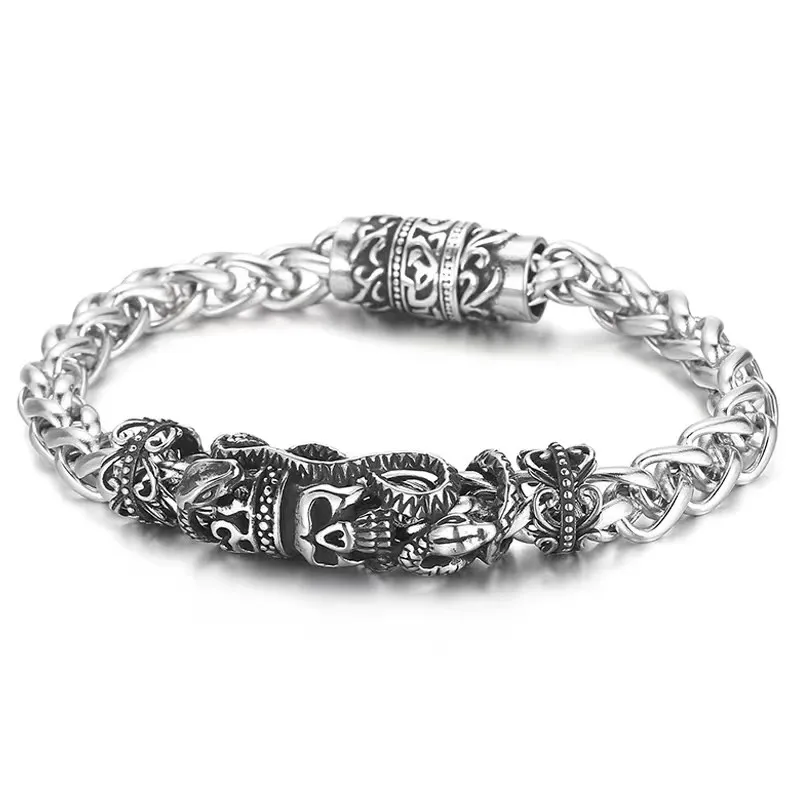 

Punk Skull Cutout Snake Magnet Bracelet Woven Basket Chain Cuff Bracelet Men's Vintage Viking Jewelry Gifts