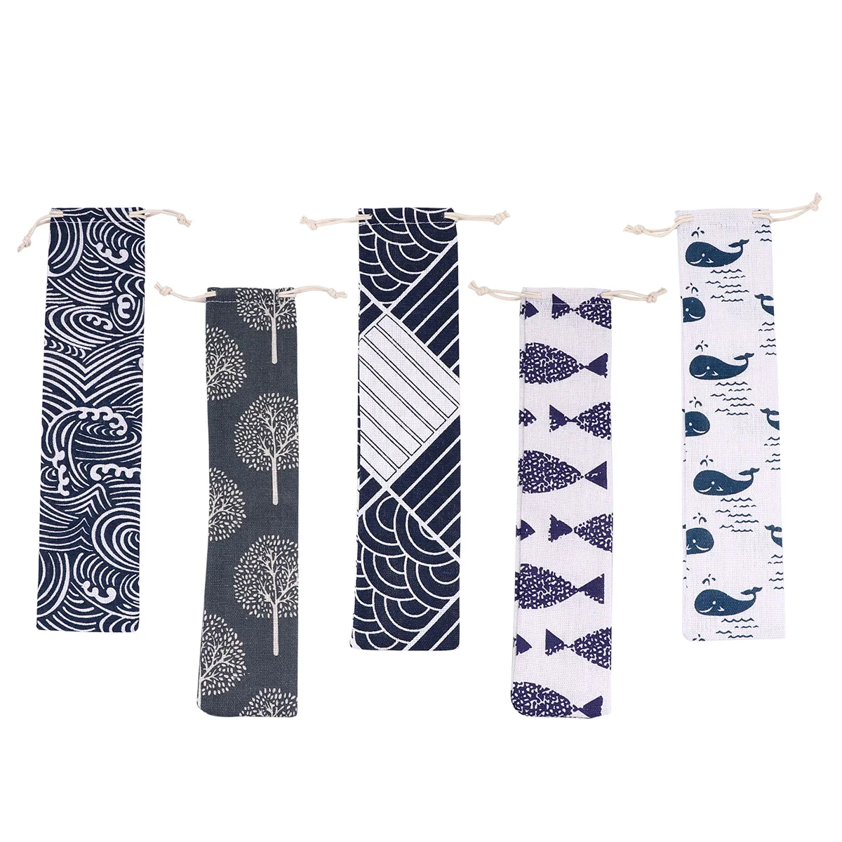 

5pcs Cotton and Linen Straws Pouch Drawstring Storage Bag Travel Carrying Case for Cutlery Fork Spoon (Random Pattern)