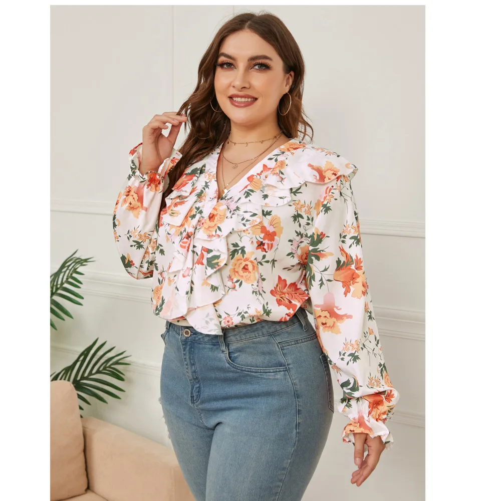 

Plus Size Long sleeve autumn and winter new large women's printed ruffle loose V-neck shirt