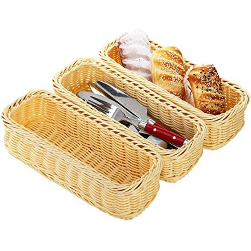 

3 Pack Rattan Bread Basket,Rectangular Woven Basket,Service Basket For Storage Fruit,Vegetables,Knives & Forks,Snack,Etc