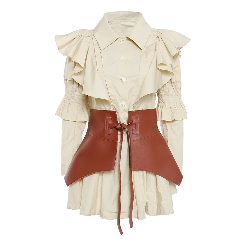 

Women Ruffles Split Joint Irregular Shirt Dress Lapel Long Sleeve Loose Fit Fashion Spring Autumn