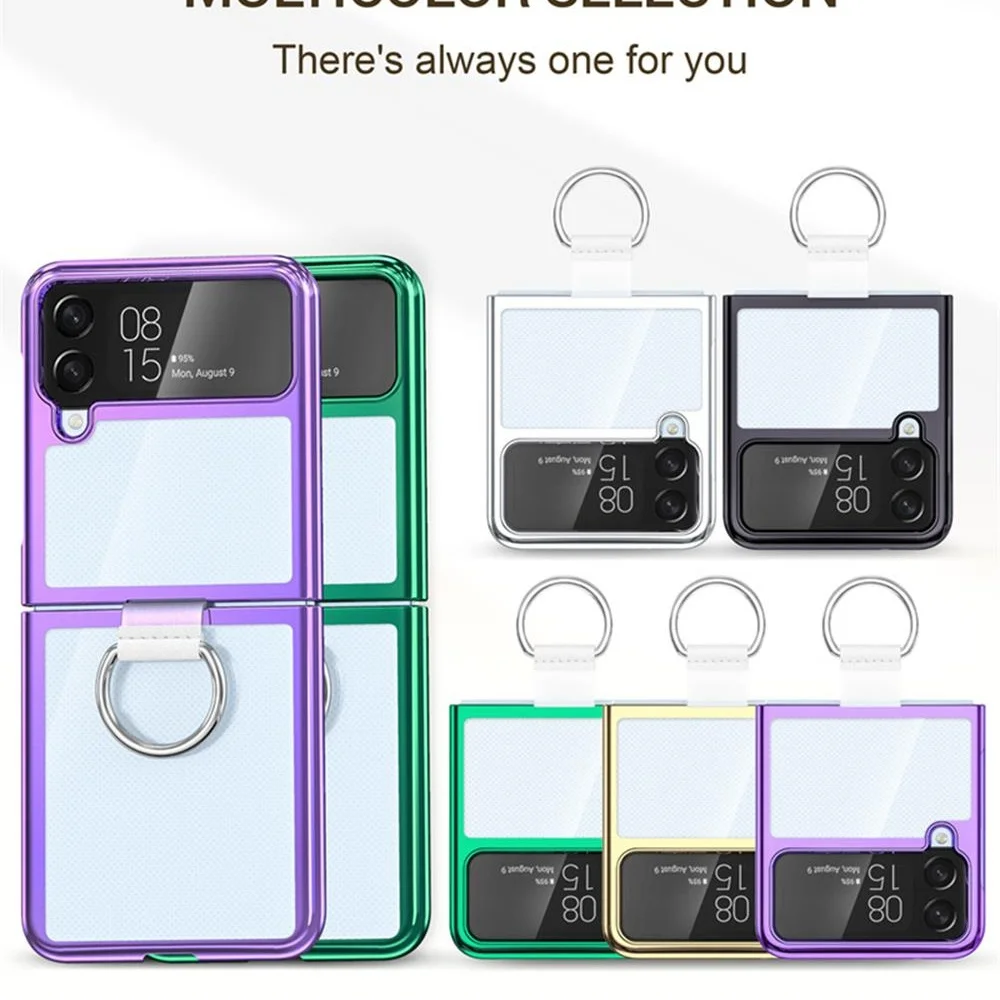 For Samsung Galaxy Z Flip 4 3 Case Ultra-thin Transparent Electroplated Frame Ring Bracket Holder All-Inclusive Folding Cover