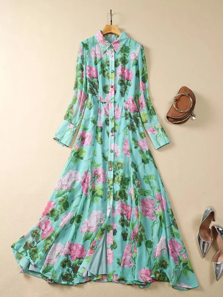 

Autumn Long Sleeve Maxi Dresses for Women 2023 Floral Print Green Vestidos Para Mujer Elegant Holiday Single Breasted Robe