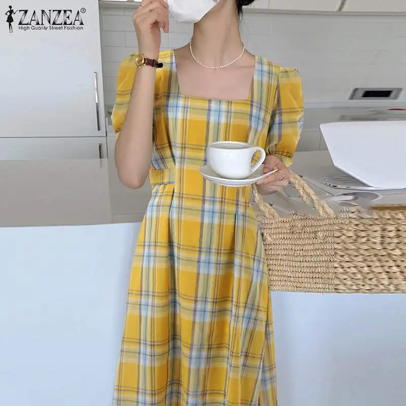 

Модное женское платье ZANZEA, модель 2022 года, летние свободные платья, женское винтажное платье с коротким пышным рукавом, женское Повседневно...