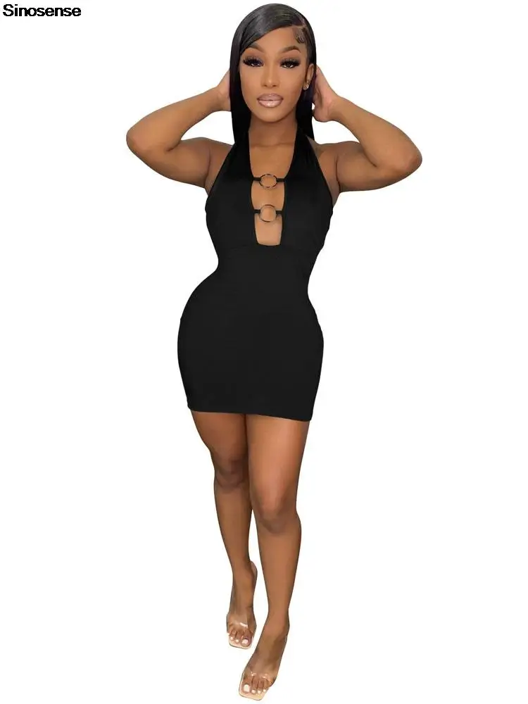 

Women's Deep V Neck Sleeveless Bodycon Mini Dress Sexy Backless Halter Front O Ring Night Club Party Dress Slim Stretchy Dress