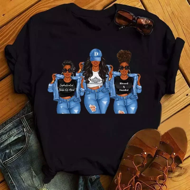 

NEW IN Fashion Women Black Girl Print Magic T Shirt Summer Short Sleeve Ladies T-shirts 90s Ulzzang Shirt Casual Round Neck Tee