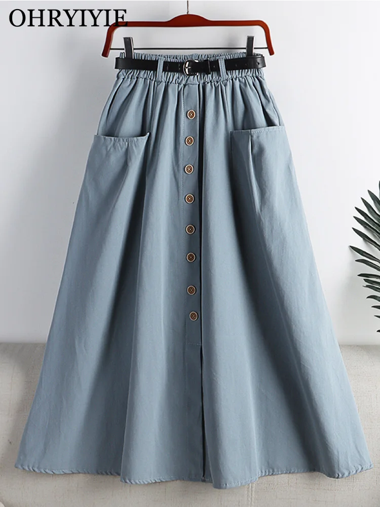 

OHRYIYIE 13 Colors Casual Single Breasted Skirt Women 2022 Spring Summer High Waist A-Line Skirt Office Lady Fashion Skirt Femme