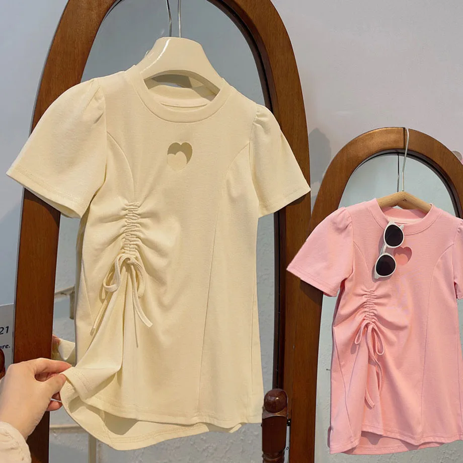 

Kids Clothes Girls Summer Dress 2023 New Short Sleeve O-Neck Cut-Out Heart Drawstring Children's Casual Dresses Pink/Beige