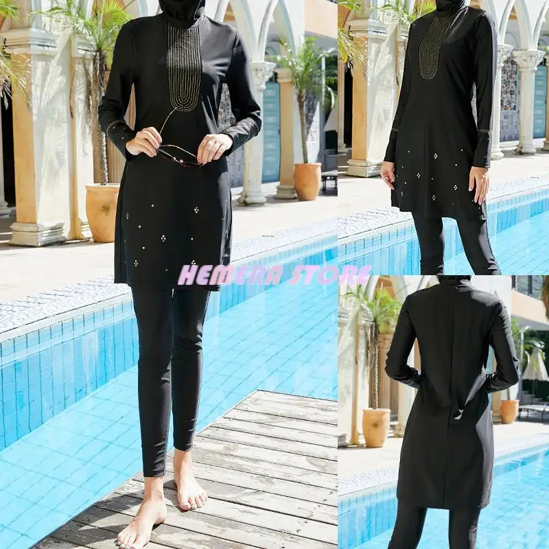 

Women Swimwear Muslim Modest Burkinis Swimsuits Full Cover Islamic Arabic 3 Pieces Set Long Sleeve Patchwork Swim Suits Turkey