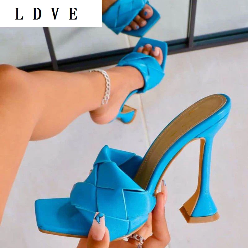 

NEW Sexy PU Woven Fabric Women Mules Summer Head Peep Toe Hoof Heels Fashion Slip On Slides Ladies Party Pumps Shoe 42