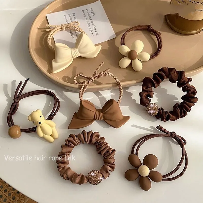 Ful Hair Scrunchies Caramel Colored Bow Bear Beads Flowers H