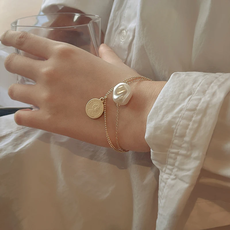 

Adjustable Matte Gold Baroque Pearl Snake Bracelet Retro Portrait Double Layered Bracelet Party Wedding Jewelry Gift For Women