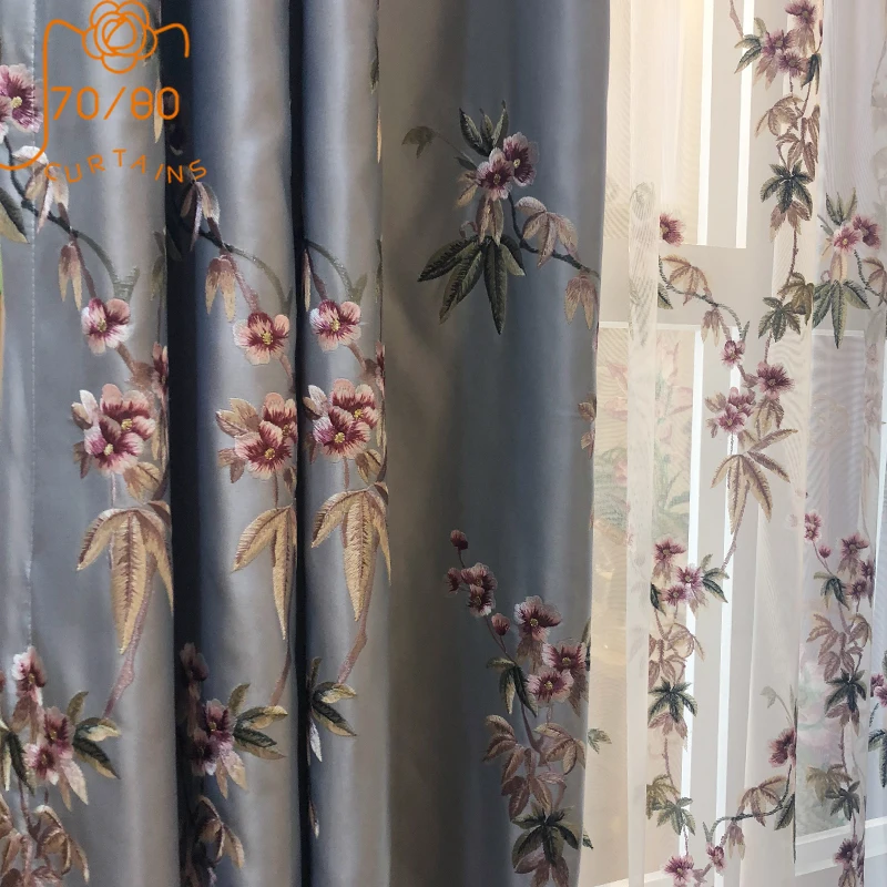 

New Chinese Style Bamboo Leaf Peach Blossom High-end Embroidered Satin Curtains for Living Room Bedroom Finished Product