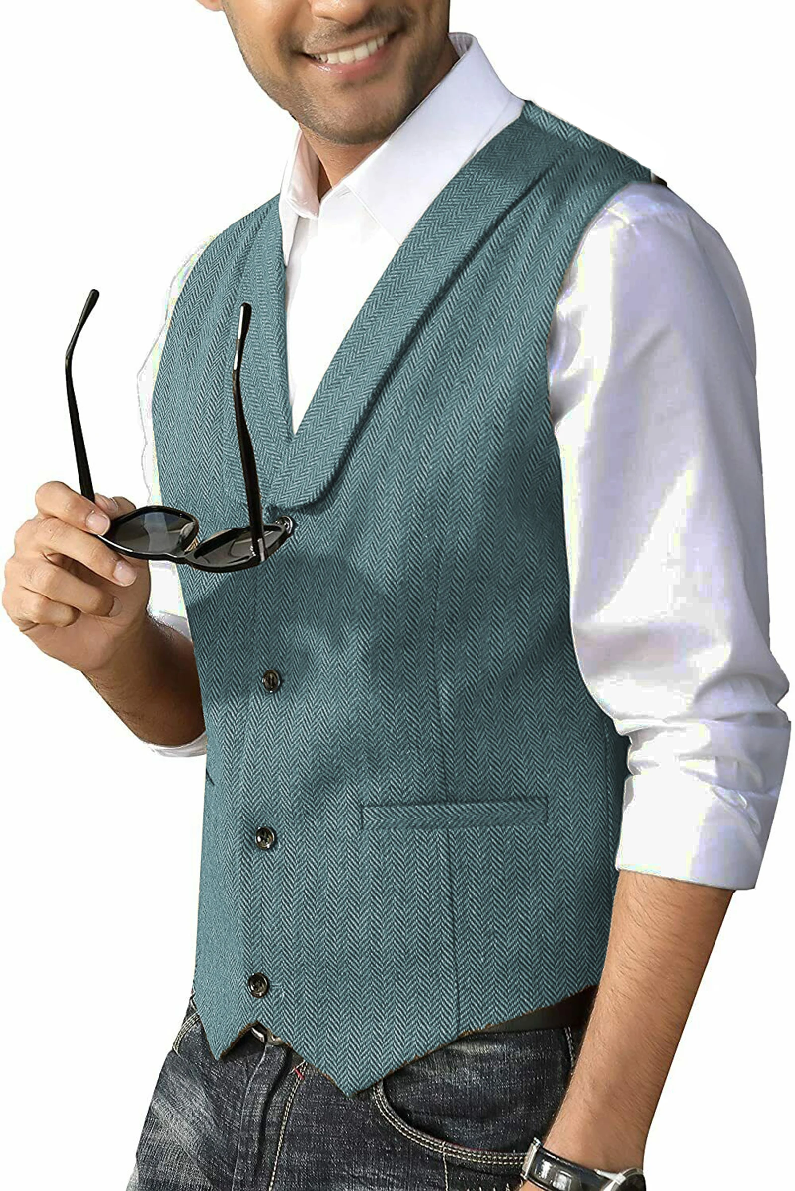 

Mens Casual Suit Vest Shawl Lapel Wool Tweed Herringbone Dress Waistcoat for Wedding Party Dinner Vest Men