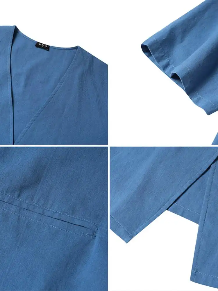 VONDA Summer Cotton Tops Fashion 2023 Women Blazer Short Sleeve Solid V-Neck Button Blusas Tunic Streetwear Oversized