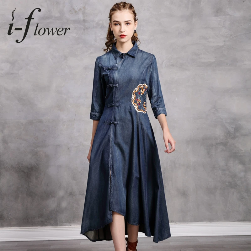 

2022 Summer Vintage Improved Cheongsam Polo Collar Big-Swing Denim Dress Midi Woman Jean Dresses A82262