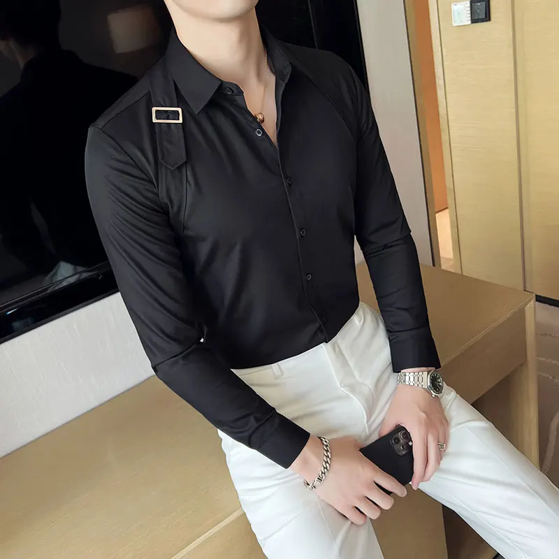 Strap Decoration Men's Shirts 2022 Autumn Long Sleeve Slim Casual Shirt Business Social Dress Shirts Streetwear Chemise Homme