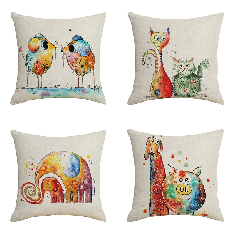 

45X45CM Set of 4 Watercolor Cartoon Animals Cushion Covers Decorative Home Sofa Living Bedroom Car Square Pillowcases