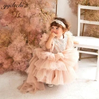 lovely o neck flower girl dresses with long train pleated princess tulle tiered first communion beading baby birthday gowns 2022