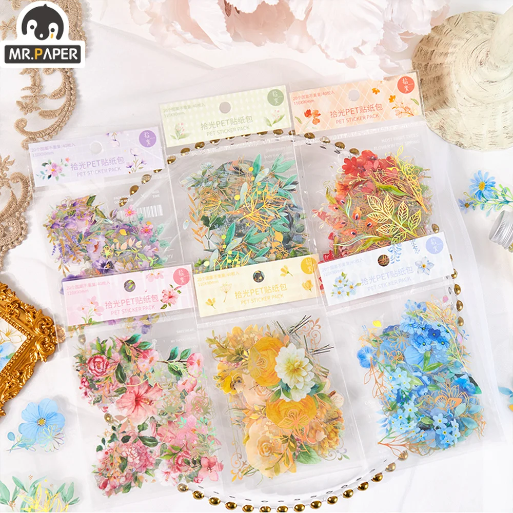 Mr.paper 6 Styles 40Pcs/Bag Aesthetic Flower Stickers Pack Fresh Plant Hand Account DIY Material Decorative Stationery Stickers