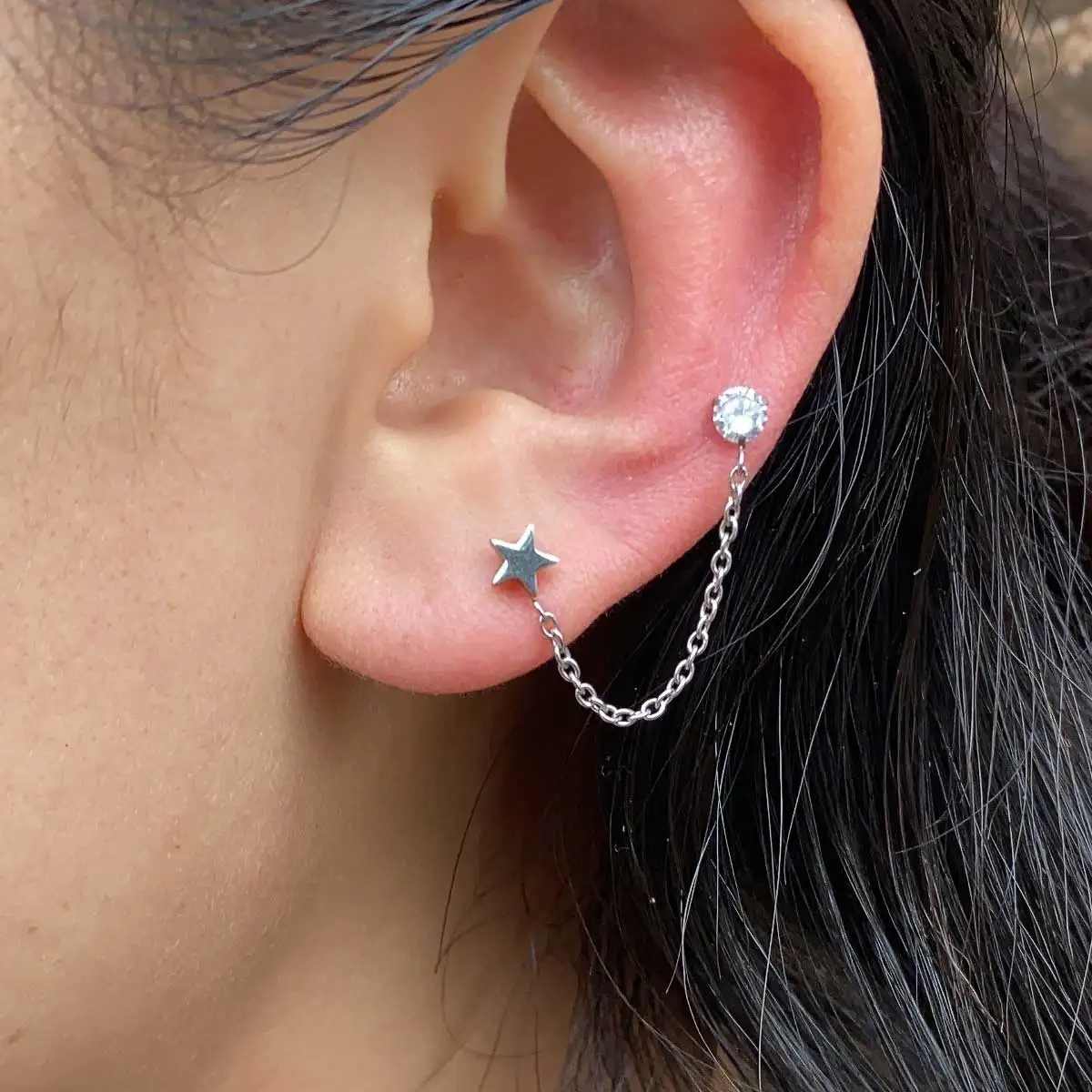 1PC Stainless Steel Silver Color Double Pierced Long Chain Zircon Star Heart Stud Earrings Female Fashion Temperament Lover Gift